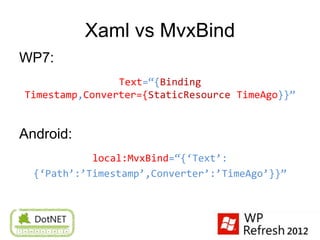 Xaml vs MvxBind
WP7:
                Text=‚{Binding
Timestamp,Converter={StaticResource TimeAgo}}‛


Android:
            local:MvxBind=‚{‘Text’:
  {‘Path’:’Timestamp’,Converter’:’TimeAgo’}}‛
 