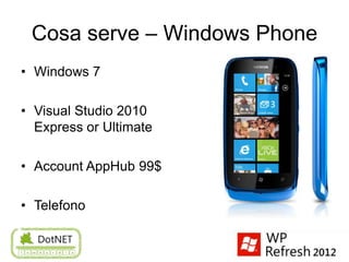 Cosa serve – Windows Phone
• Windows 7

• Visual Studio 2010
  Express or Ultimate

• Account AppHub 99$

• Telefono
 