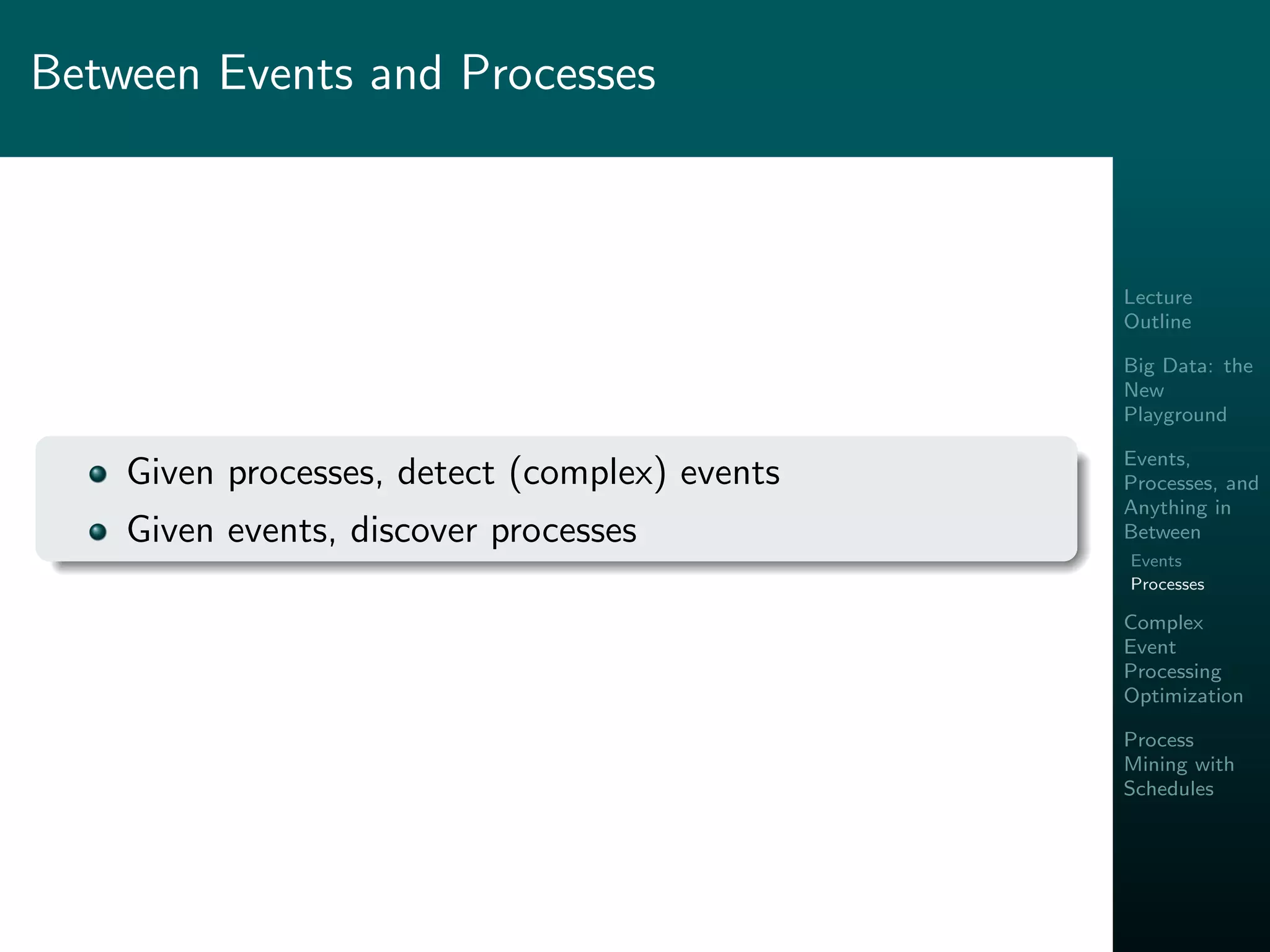 Lecture
Outline
Big Data: the
New
Playground
Events,
Processes, and
Anything in
Between
Events
Processes
Complex
Event
Processing
Optimization
Process
Mining with
Schedules
Between Events and Processes
Given processes, detect (complex) events
Given events, discover processes
 