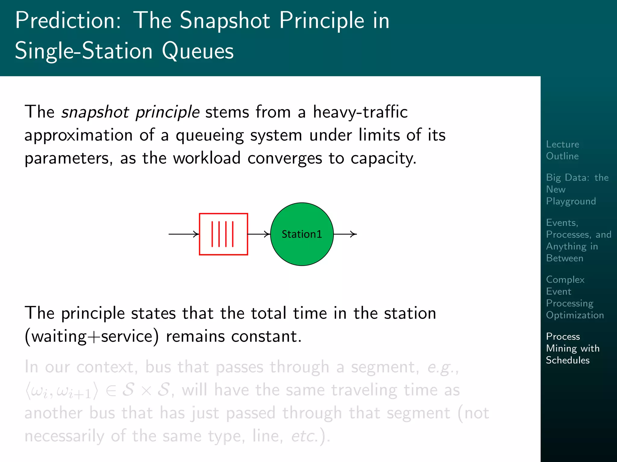 Lecture
Outline
Big Data: the
New
Playground
Events,
Processes, and
Anything in
Between
Complex
Event
Processing
Optimization
Process
Mining with
Schedules
Prediction: The Snapshot Principle in
Single-Station Queues
The snapshot principle stems from a heavy-traﬃc
approximation of a queueing system under limits of its
parameters, as the workload converges to capacity.
Station1
The principle states that the total time in the station
(waiting+service) remains constant.
In our context, bus that passes through a segment, e.g.,
ωi, ωi+1 ∈ S × S, will have the same traveling time as
another bus that has just passed through that segment (not
necessarily of the same type, line, etc.).
 