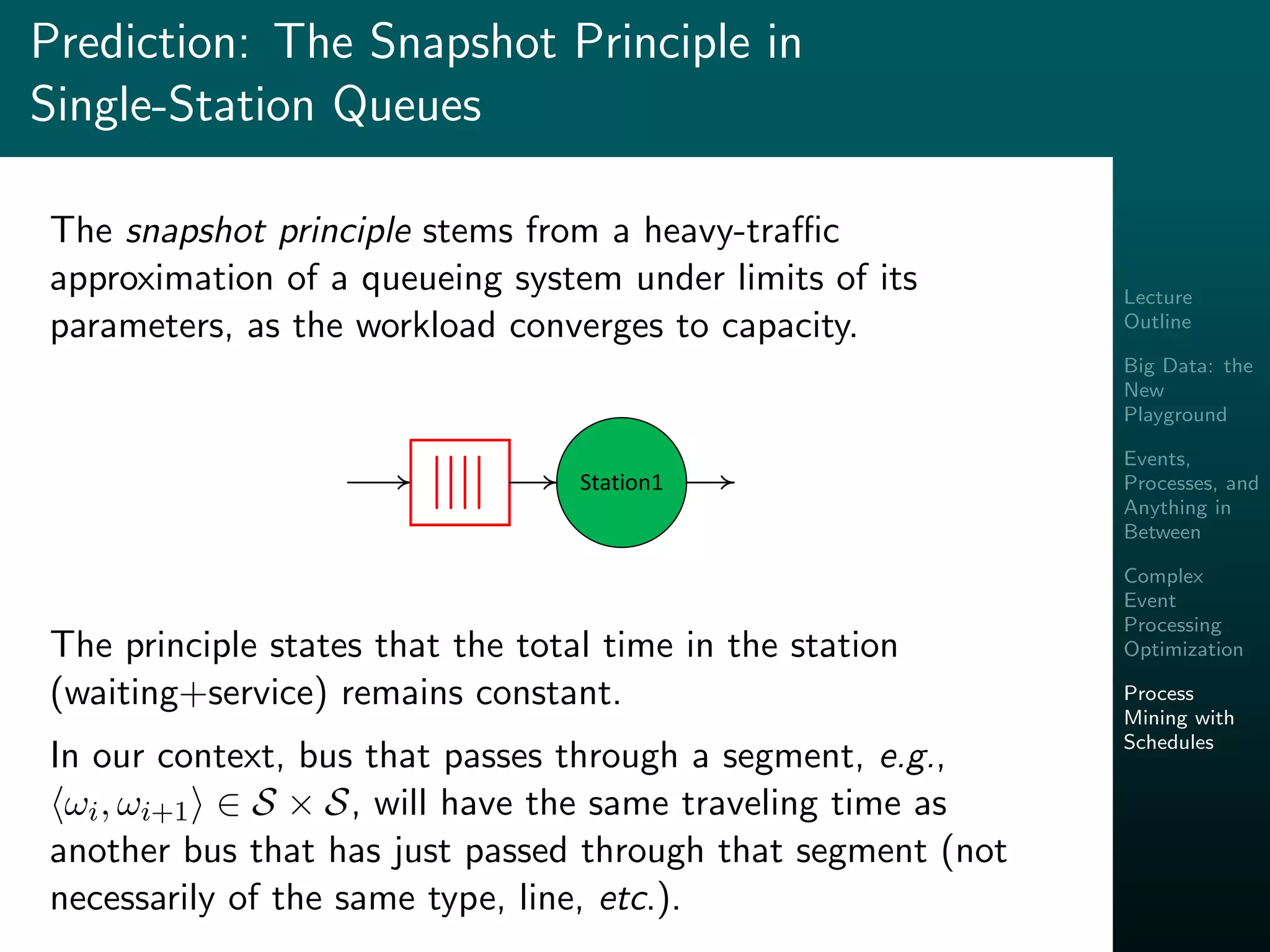 Lecture
Outline
Big Data: the
New
Playground
Events,
Processes, and
Anything in
Between
Complex
Event
Processing
Optimization
Process
Mining with
Schedules
Prediction: The Snapshot Principle in
Single-Station Queues
The snapshot principle stems from a heavy-traﬃc
approximation of a queueing system under limits of its
parameters, as the workload converges to capacity.
Station1
The principle states that the total time in the station
(waiting+service) remains constant.
In our context, bus that passes through a segment, e.g.,
ωi, ωi+1 ∈ S × S, will have the same traveling time as
another bus that has just passed through that segment (not
necessarily of the same type, line, etc.).
 