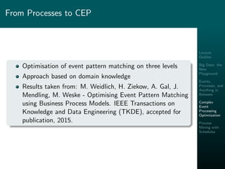 Lecture
Outline
Big Data: the
New
Playground
Events,
Processes, and
Anything in
Between
Complex
Event
Processing
Optimization
Process
Mining with
Schedules
From Processes to CEP
Optimisation of event pattern matching on three levels
Approach based on domain knowledge
Results taken from: M. Weidlich, H. Ziekow, A. Gal, J.
Mendling, M. Weske - Optimising Event Pattern Matching
using Business Process Models. IEEE Transactions on
Knowledge and Data Engineering (TKDE), accepted for
publication, 2015.
 
