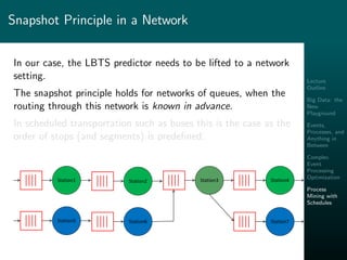 Lecture
Outline
Big Data: the
New
Playground
Events,
Processes, and
Anything in
Between
Complex
Event
Processing
Optimization
Process
Mining with
Schedules
Snapshot Principle in a Network
In our case, the LBTS predictor needs to be lifted to a network
setting.
The snapshot principle holds for networks of queues, when the
routing through this network is known in advance.
In scheduled transportation such as buses this is the case as the
order of stops (and segments) is predeﬁned:
Station1 Station2 Station3
Station5 Station6
Station4
Station7
 
