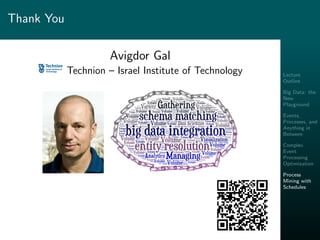Lecture
Outline
Big Data: the
New
Playground
Events,
Processes, and
Anything in
Between
Complex
Event
Processing
Optimization
Process
Mining with
Schedules
Thank You
Avigdor Gal
Technion – Israel Institute of Technology
 