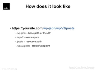 How does it look like
• https://yoursite.com/wp-json/wp/v2/posts
– /wp-json – base path of the API
– /wp/v2 – namespace
– ...