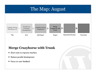 The Map: August


                      Crazyhorse                             Merge
Usability Testing:                  Usability Testing:
                      Prototype                          Crazyhorse with
WordPress 2.5                         Crazyhorse
                     Development                              Trunk


      May               June            July/August          August        September/October   November




 Merge Crazyhorse with Trunk
 •    Don’t wait to improve interface

 •    Reduce parallel development

 •    Focus on user feedback
 