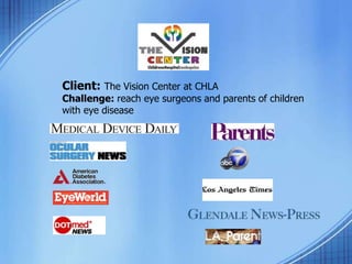Client: The Vision Center at CHLA
Challenge: reach eye surgeons and parents of children
with eye disease
 