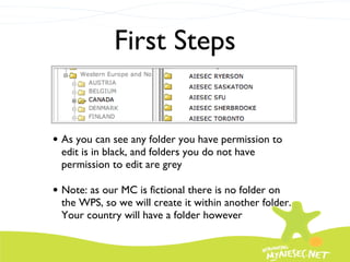 First Steps As you can see any folder you have permission to edit is in black, and folders you do not have permission to edit are grey Note: as our MC is fictional there is no folder on the WPS, so we will create it within another folder.  Your country will have a folder however 