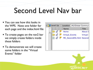 Second Level Nav bar You can see how this looks in the WPS.  Note one folder for each page and the index.html file To create pages on the nav2 bar we simply create folders inside these folders To demonstrate we will create some folders in the “Virtual Events” folder 