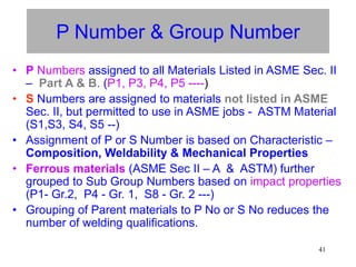 41
P Number & Group Number
• P Numbers assigned to all Materials Listed in ASME Sec. II
– Part A & B. (P1, P3, P4, P5 ----)
• S Numbers are assigned to materials not listed in ASME
Sec. II, but permitted to use in ASME jobs - ASTM Material
(S1,S3, S4, S5 --)
• Assignment of P or S Number is based on Characteristic –
Composition, Weldability & Mechanical Properties
• Ferrous materials (ASME Sec II – A & ASTM) further
grouped to Sub Group Numbers based on impact properties
(P1- Gr.2, P4 - Gr. 1, S8 - Gr. 2 ---)
• Grouping of Parent materials to P No or S No reduces the
number of welding qualifications.
 