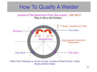 56
Location of Test Specimens From Test coupon – QW 463.2
Pipe in 5G or 6G Position
How To Qualify A Welder
Horizontal Plane
Pipe is welded in Horizontal
fixed position
£
£
£
£
£ = Bends - Root & Face or Side
Root Bend Face Bend
Root Bend
Face Bend
45˚- 60˚ 45˚ - 60˚
When Pipe Thickness is 19 mm or more, In place of Root & Face, 4 Side
Bends shall be Taken
W
 