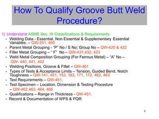 9
How To Qualify Groove Butt Weld
Procedure?
1) Understand ASME Sec. IX Classifications & Requirements
- Welding Data - Essential, Non Essential & Supplementary Essential
Variables. – QW-251, 400
- Parent Metal Grouping - “P” No / S No; Group No – QW-420 & 422
- Filler Metal Grouping – “ F” No – QW-431,432, 433
- Weld Metal Composition Grouping (For Ferrous Metal) – “A” No –
QW- 440, 441, 442
- Welding Positions, Groove & Fillet – QW-461
- Types of Tests & Acceptance Limits – Tension, Guided Bend, Notch
Toughness – QW-141, 451, 153, 163, 171, 172, 462, 463
- Test Requirements – QW-451,
- Test Specimen – Location, Dimension & Testing Procedure
– QW-462,463, 464, 466
- Qualifications – Range in Thickness - QW-451,
- Record & Documentation of WPS & PQR
W
 