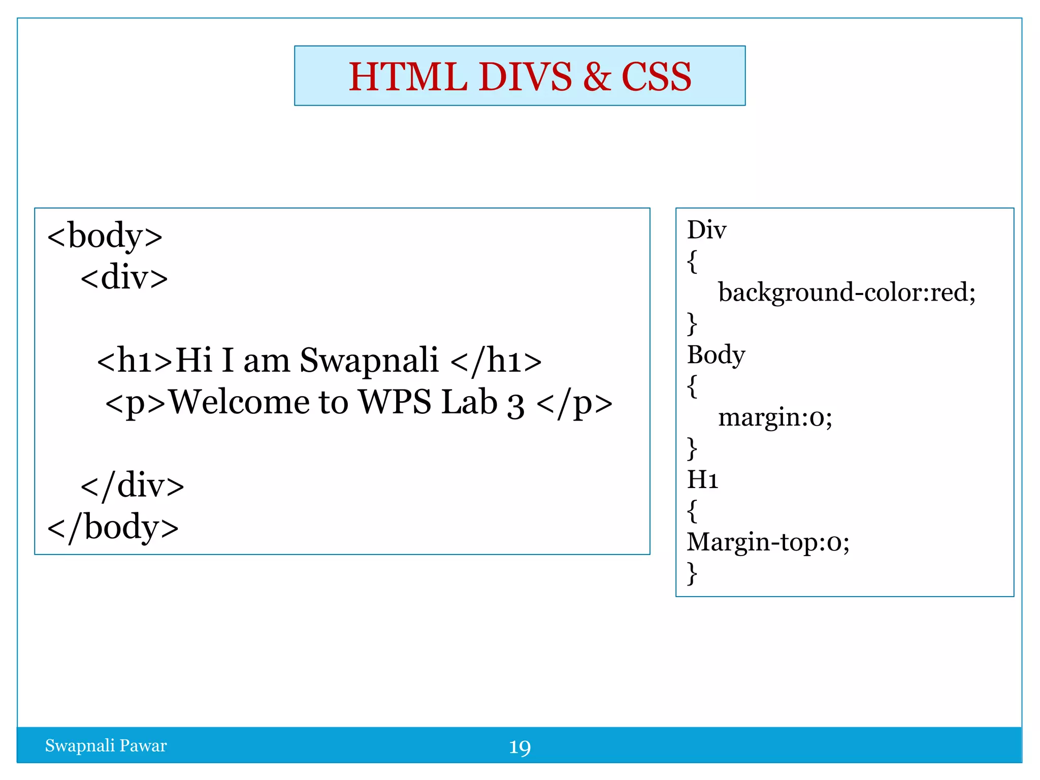 Swapnali Pawar 19
Div
{
background-color:red;
}
Body
{
margin:0;
}
H1
{
Margin-top:0;
}
<body>
<div>
<h1>Hi I am Swapnali </h1>
<p>Welcome to WPS Lab 3 </p>
</div>
</body>
HTML DIVS & CSS
 