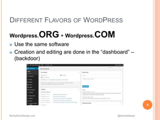 BeckyDavisDesign.com @beckyddesign
DIFFERENT FLAVORS OF WORDPRESS
Wordpress.ORG + Wordpress.COM
Use the same software
Creation and editing are done in the “dashboard” –
(backdoor)
5
 