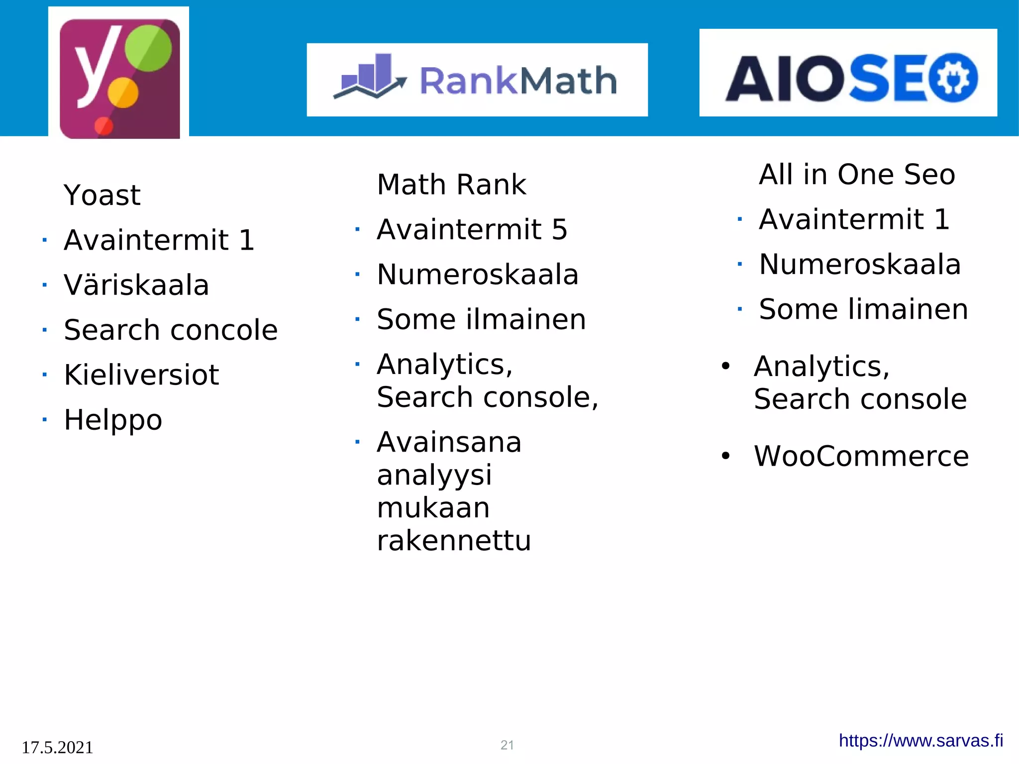 21
17.5.2021 https://www.sarvas.fi
Yoast
 Avaintermit 1
 Väriskaala
 Search concole
 Kieliversiot
 Helppo
All in One Seo
 Avaintermit 1
 Numeroskaala
 Some limainen
●
Analytics,
Search console
●
WooCommerce
Math Rank
 Avaintermit 5
 Numeroskaala
 Some ilmainen
 Analytics,
Search console,
 Avainsana
analyysi
mukaan
rakennettu
 