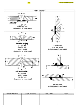 Logo Company name and address
WELDING ENGINEER QA/QC MANAGER THIRD PARTY CLIENT
JOINT SKETCH
α=45º~50º
R=4.0~6.0 mm
t=thickness of base metal
α = 45º~50º
R=4.0~6.0 mm
t=thickness of base metal
α = 55º~70º
f=0~3.0 mm
R=0~3.0 mm
t=thickness of base metal
α = 55º~70º
R=0~3.0 mm
f=0~3.0 mm
t=thickness of base metal
R=0~3.0 mm
t=thickness of base metal
 