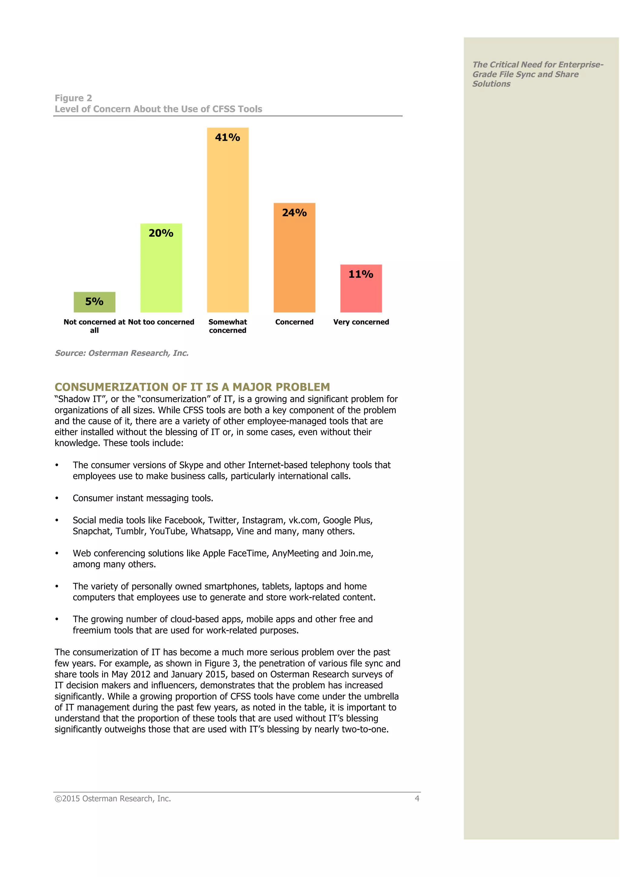 ©2015 Osterman Research, Inc. 4
The Critical Need for Enterprise-
Grade File Sync and Share
Solutions
Figure 2
Level of Concern About the Use of CFSS Tools
Source: Osterman Research, Inc.
CONSUMERIZATION OF IT IS A MAJOR PROBLEM
“Shadow IT”, or the “consumerization” of IT, is a growing and significant problem for
organizations of all sizes. While CFSS tools are both a key component of the problem
and the cause of it, there are a variety of other employee-managed tools that are
either installed without the blessing of IT or, in some cases, even without their
knowledge. These tools include:
• The consumer versions of Skype and other Internet-based telephony tools that
employees use to make business calls, particularly international calls.
• Consumer instant messaging tools.
• Social media tools like Facebook, Twitter, Instagram, vk.com, Google Plus,
Snapchat, Tumblr, YouTube, Whatsapp, Vine and many, many others.
• Web conferencing solutions like Apple FaceTime, AnyMeeting and Join.me,
among many others.
• The variety of personally owned smartphones, tablets, laptops and home
computers that employees use to generate and store work-related content.
• The growing number of cloud-based apps, mobile apps and other free and
freemium tools that are used for work-related purposes.
The consumerization of IT has become a much more serious problem over the past
few years. For example, as shown in Figure 3, the penetration of various file sync and
share tools in May 2012 and January 2015, based on Osterman Research surveys of
IT decision makers and influencers, demonstrates that the problem has increased
significantly. While a growing proportion of CFSS tools have come under the umbrella
of IT management during the past few years, as noted in the table, it is important to
understand that the proportion of these tools that are used without IT’s blessing
significantly outweighs those that are used with IT’s blessing by nearly two-to-one.
 