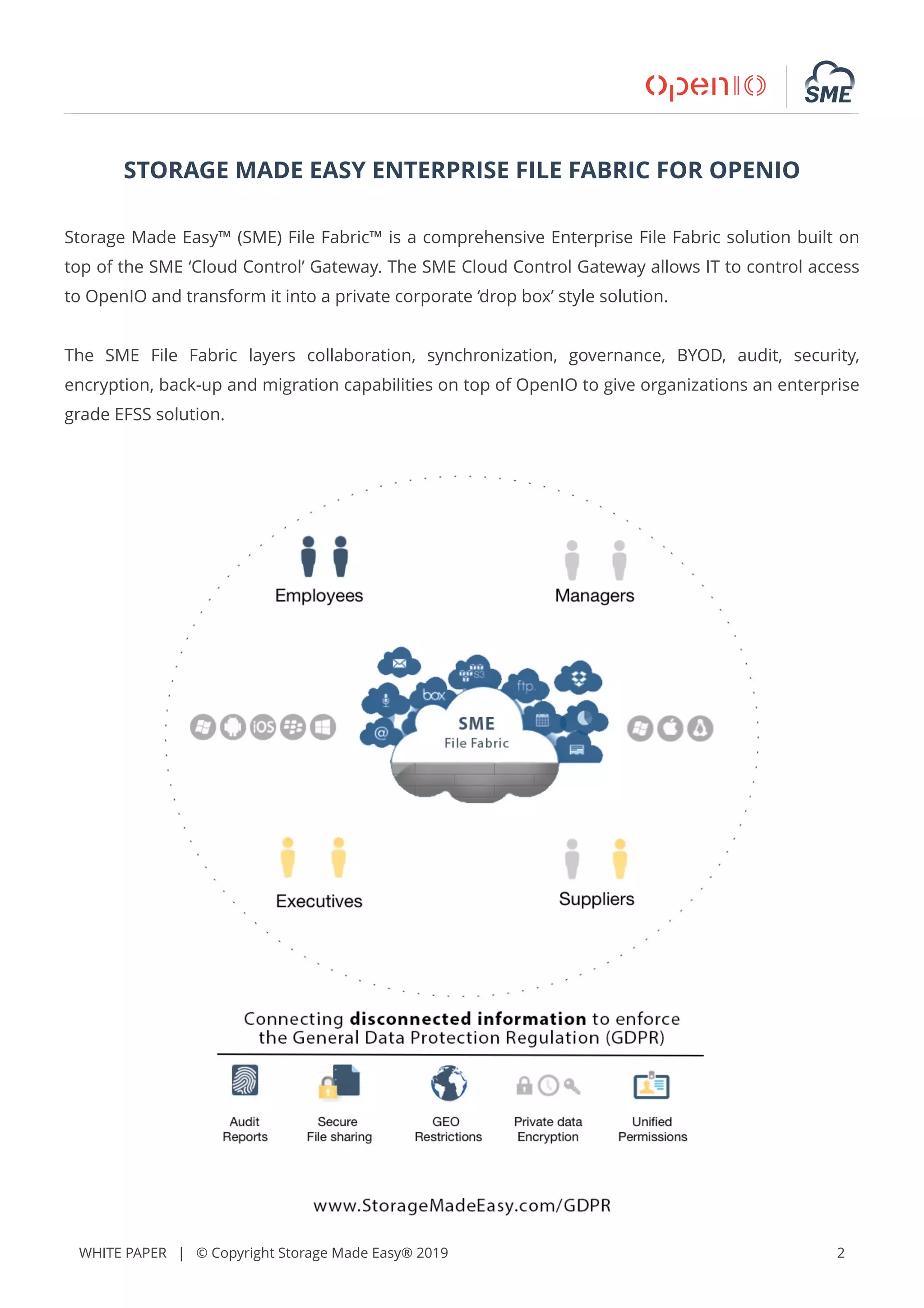 WHITE PAPER | © Copyright Storage Made Easy® 2019 2
STORAGE MADE EASY ENTERPRISE FILE FABRIC FOR OPENIO
Storage Made Easy™ (SME) File Fabric™ is a comprehensive Enterprise File Fabric solution built on
top of the SME ‘Cloud Control’ Gateway. The SME Cloud Control Gateway allows IT to control access
to OpenIO and transform it into a private corporate ‘drop box’ style solution.
The SME File Fabric layers collaboration, synchronization, governance, BYOD, audit, security,
encryption, back-up and migration capabilities on top of OpenIO to give organizations an enterprise
grade EFSS solution.
 