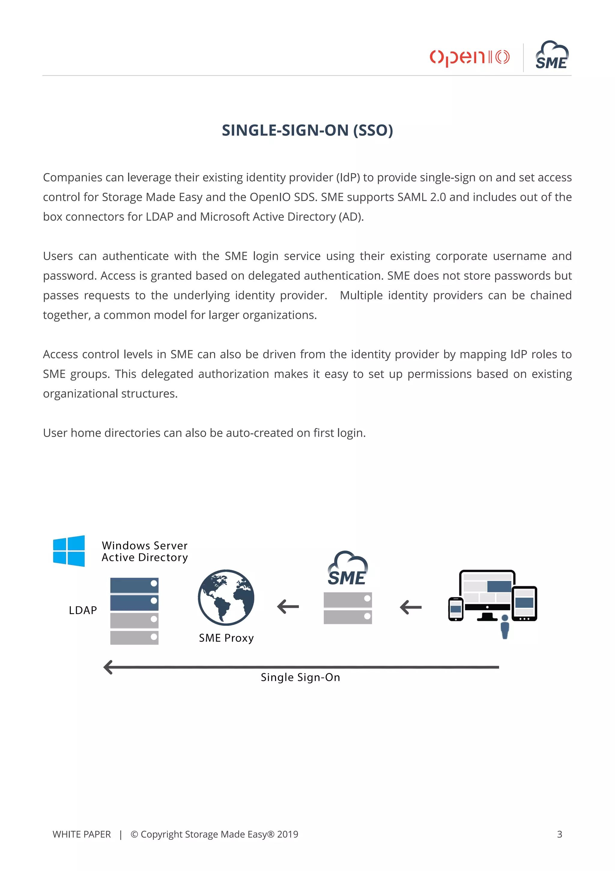 WHITE PAPER | © Copyright Storage Made Easy® 2019 3
SINGLE-SIGN-ON (SSO)
Companies can leverage their existing identity provider (IdP) to provide single-sign on and set access
control for Storage Made Easy and the OpenIO SDS. SME supports SAML 2.0 and includes out of the
box connectors for LDAP and Microsoft Active Directory (AD).
Users can authenticate with the SME login service using their existing corporate username and
password. Access is granted based on delegated authentication. SME does not store passwords but
passes requests to the underlying identity provider. Multiple identity providers can be chained
together, a common model for larger organizations.
Access control levels in SME can also be driven from the identity provider by mapping IdP roles to
SME groups. This delegated authorization makes it easy to set up permissions based on existing
organizational structures.
User home directories can also be auto-created on ﬁrst login.
 
