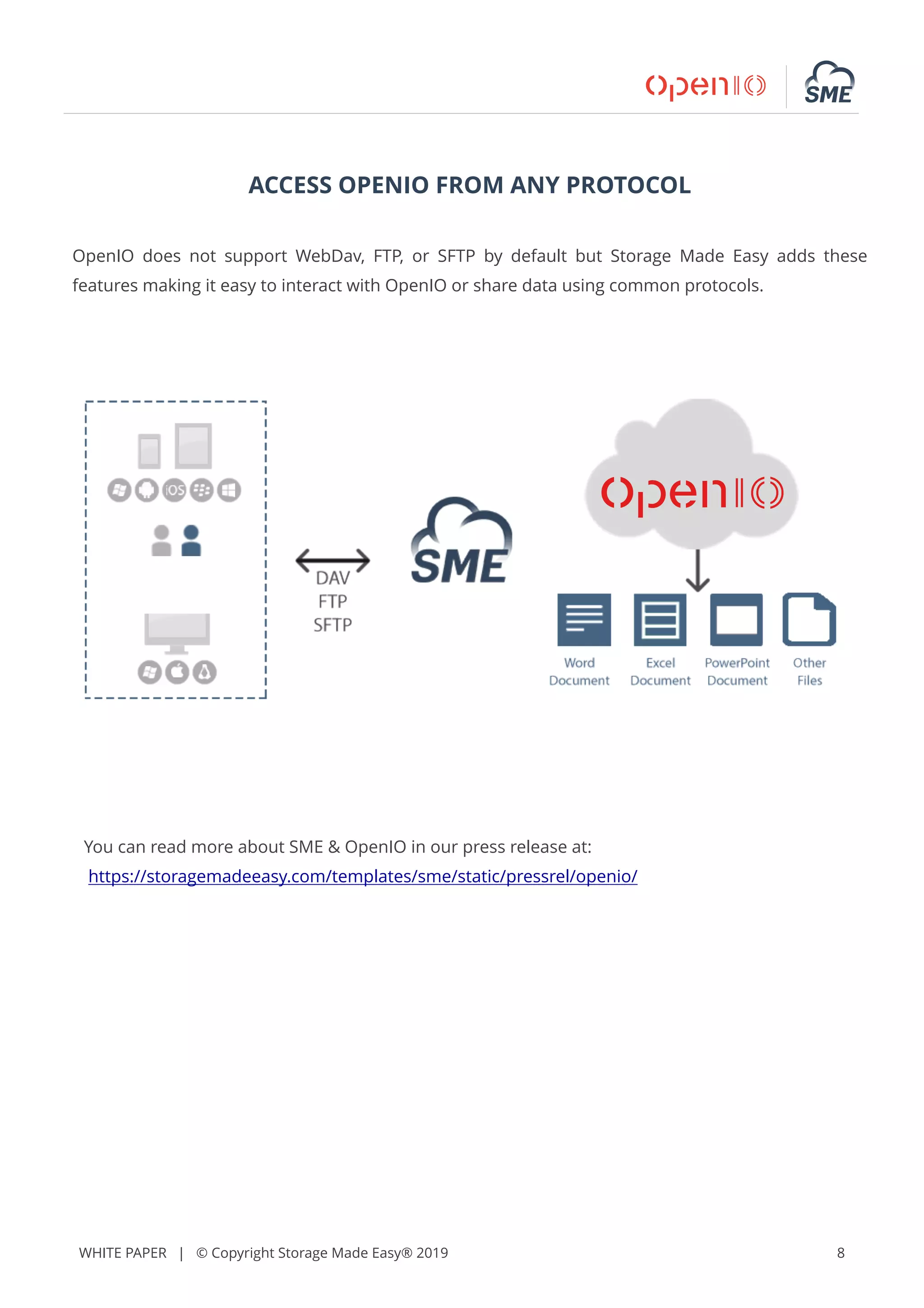 WHITE PAPER | © Copyright Storage Made Easy® 2019 8
ACCESS OPENIO FROM ANY PROTOCOL
OpenIO does not support WebDav, FTP, or SFTP by default but Storage Made Easy adds these
features making it easy to interact with OpenIO or share data using common protocols.
You can read more about SME & OpenIO in our press release at:
https://storagemadeeasy.com/templates/sme/static/pressrel/openio/
 
