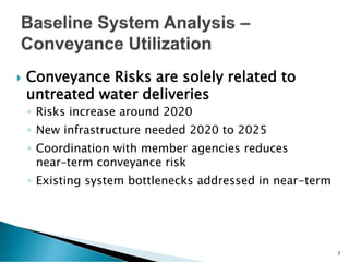  Conveyance Risks are solely related to
untreated water deliveries
◦ Risks increase around 2020
◦ New infrastructure needed 2020 to 2025
◦ Coordination with member agencies reduces
near–term conveyance risk
◦ Existing system bottlenecks addressed in near-term
7
 