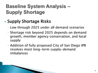  Supply Shortage Risks
◦ Low through 2025 under all demand scenarios
◦ Shortage risk beyond 2025 depends on demand
growth, member agency conservation, and local
supply
◦ Addition of fully proposed City of San Diego IPR
resolves most long-term supply-demand
imbalances
8
 