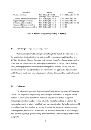 Table 1 P- Number assignment (courtesy of ASME)




2.7      Joint design – single vee and single bevel

         Welder can use this WPS for single vee and single bevel joint. If welder want to use
the specification for other joining type such as double vee, company need to produce new
WPS for that joining. The root face at the both joining with gab 3 - 4.5mm produce excellent
penetration and reinforcement and normal practical variations in voltage, current, welding
speed, and edge preparation cause minimum damage to the backing. For this joint, low
amount of filler wire is needed and also low current input can apply at the first pass of the
weld. However single pass weld only can aaply when the thickness of the metal is 4mm and
below.




2.8      Preheating

         The minimum temperature for preheating is 26 degrees and maximum is 200 degrees
Celsius. The temperature for preheating is depending on the thickness of the joint. If thick
material 15.3 mm accordance of WPS, maximum temperature of preheat is required.
Preheating is important to reduce cooling rate of the metal after welding. In addition, the
purpose of preheat is to reduce risk of hydrogen cracking and reduce the hardness of the weld
heat effected zone that contribute to cracking. Sometime the base metal contains moisture
that can produce porosity effect on weld after. So preheating will needed to reduce and give
zero moisture to get high quality welding. Preheat method is flame heating on the base metal
using LPG.

                                               7
 