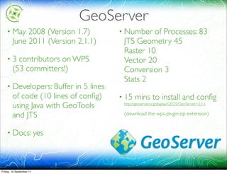 GeoServer
    • May    2008 (Version 1.7)         • Number  of Processes: 83
        June 2011 (Version 2.1.1)        JTS Geometry 45
                                         Raster 10
    •3    contributors on WPS            Vector 20
        (53 committers!)                 Conversion 3
                                         Stats 2
    • Developers: Buffer   in 5 lines
        of code (10 lines of conﬁg)     • 15   mins to install and conﬁg
        using Java with GeoTools         http://geoserver.org/display/GEOS/GeoServer+2.1.1


        and JTS                          (download the wps-plugin.zip extension)


    • Docs: yes




Friday, 16 September 11
 