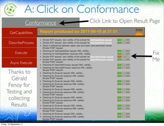 A: Click on Conformance
                          Conformance        Click Link to Open Result Page
         GetCapabilities          checked!
        DescribeProcess           checked!
               Execute              xml
                                  checked!                             Fix
         Async Execute              xml
                                  checked!                             Me

      Thanks to                     xml
       Gérald
      Fenoy for
     Testing and
      collecting
       Results


Friday, 16 September 11
 