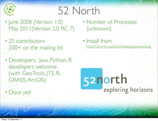 52 North
    • June  2008 (Version 1.0)        • Number of Processes:
        May 2011(Version 2.0 RC 7)      (unknown)

    • 25   contributors               • Install   from
        200+ on the mailing list        http://52north.org/downloads/geoprocessing


    • Developers:   Java, Python, R
        developers welcome
        (with GeoTools, JTS, R,
        GRASS, ArcGIS)

    • Docs: yes!




Friday, 16 September 11
 