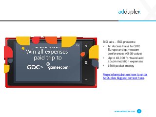www.adduplex.com 14
BIG ads – BIG presents:
• All Access Pass to GDC
Europe and gamescom
conferences (€895 value)
• Up to €2,000 for travel and
accommodation expenses
• €500 pocket money
More information on how to enter
AdDuplex biggest contest here.
 
