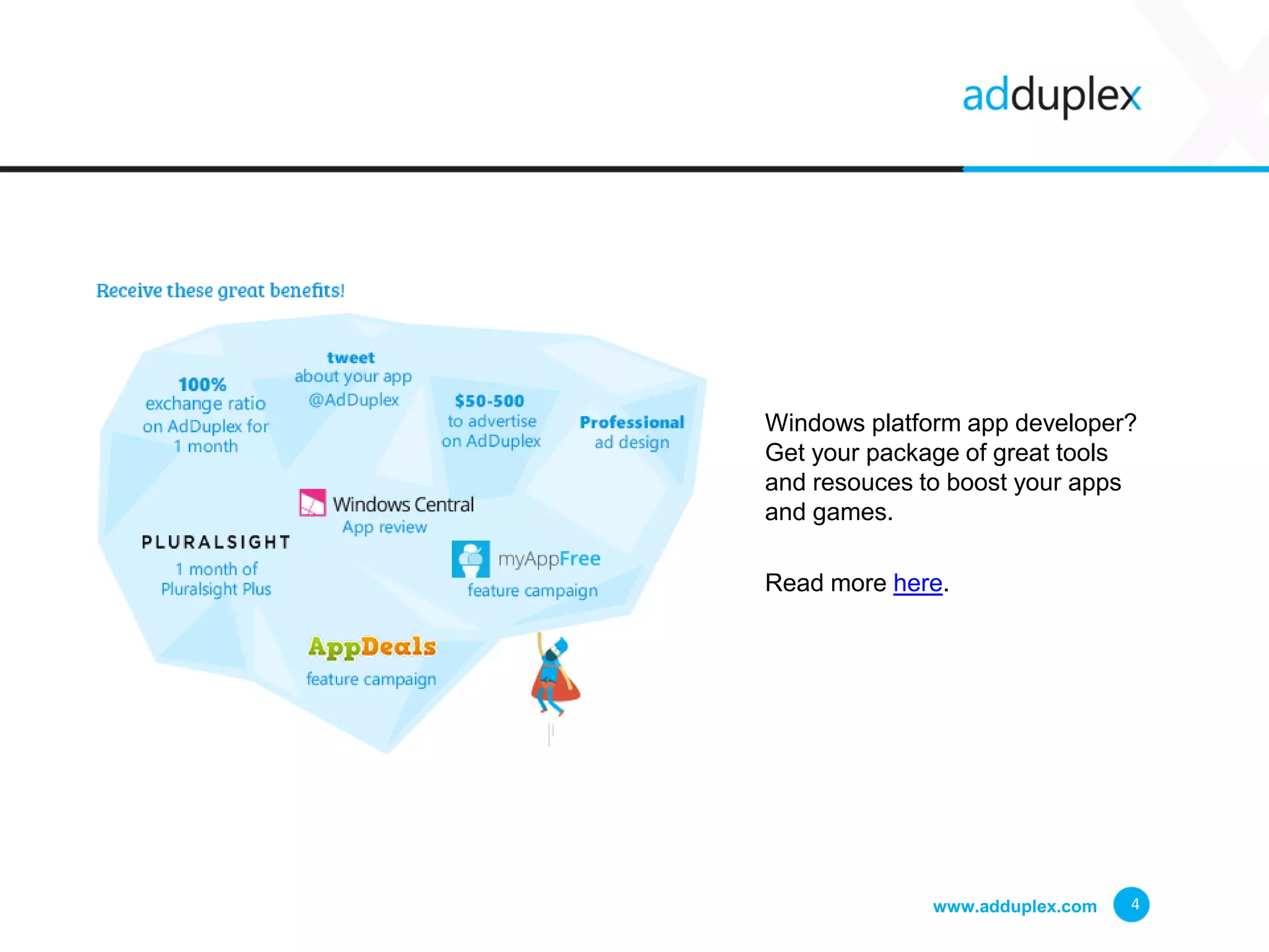 www.adduplex.com 4
Windows platform app developer?
Get your package of great tools
and resouces to boost your apps
and games.
Read more here.
 