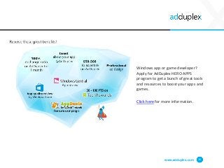 Windows app or game developer?
Apply for AdDuplex HERO APPS
program to get a bunch of great tools
and resources to boost your apps and
games.
Click here for more information.
www.adduplex.com 16
 
