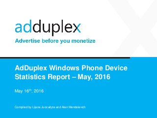 AdDuplex Windows Phone Device
Statistics Report – May, 2016
May 16th, 2016
Compiled by Lijana Juozaityte and Alan Mendelevich
 