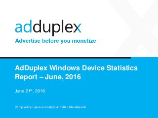 AdDuplex Windows Device Statistics
Report – June, 2016
June 21st, 2016
Compiled by Lijana Juozaityte and Alan Mendelevich
 