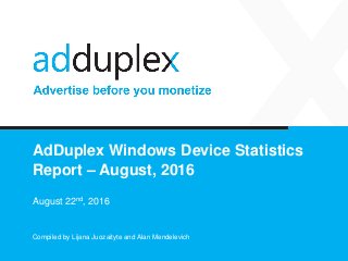 AdDuplex Windows Device Statistics
Report – August, 2016
August 22nd, 2016
Compiled by Lijana Juozaityte and Alan Mendelevich
 
