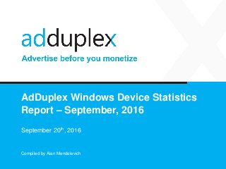 AdDuplex Windows Device Statistics
Report – September, 2016
September 20th, 2016
Compiled by Alan Mendelevich
 