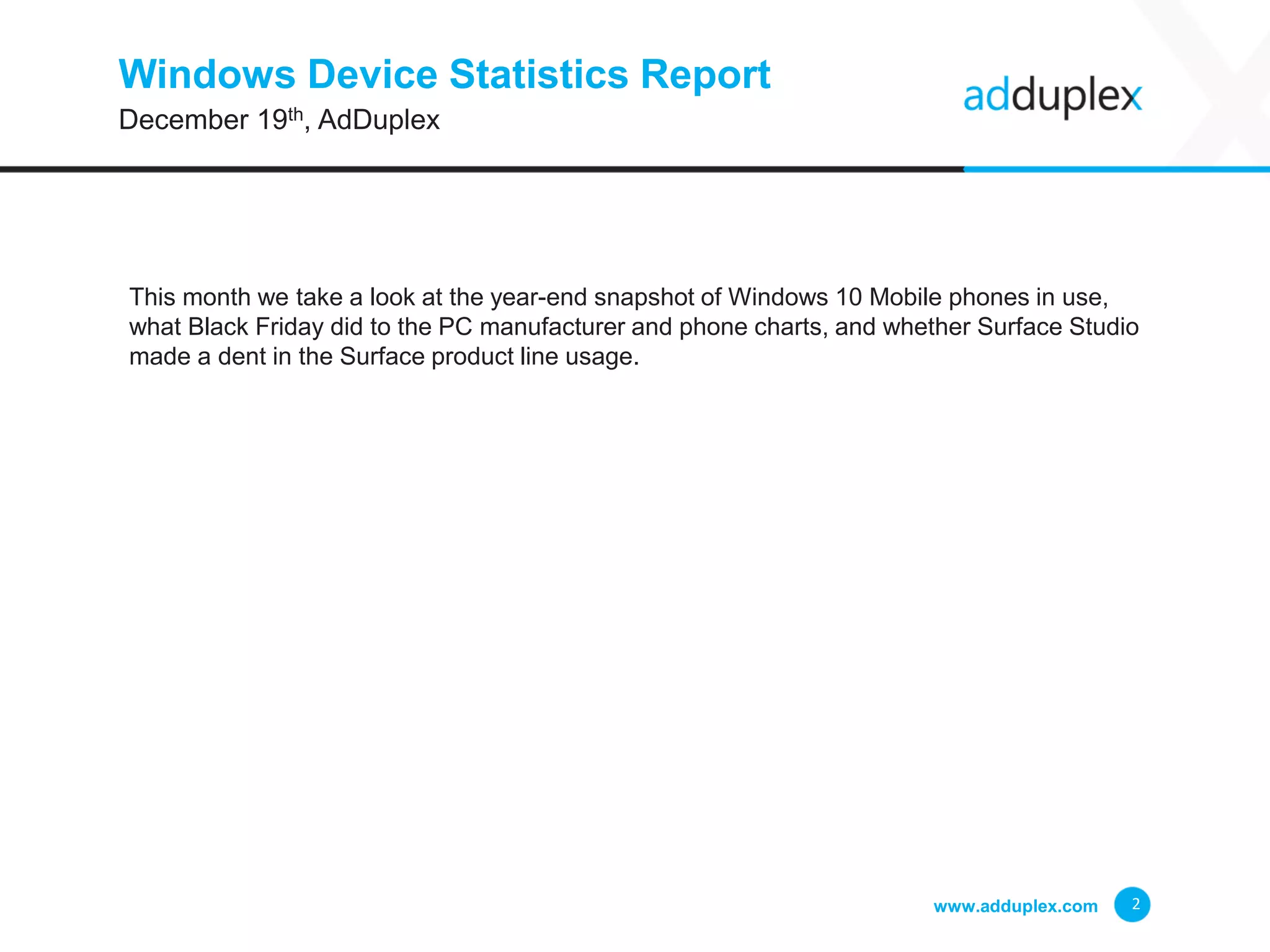 Windows Device Statistics Report
This month we take a look at the year-end snapshot of Windows 10 Mobile phones in use,
what Black Friday did to the PC manufacturer and phone charts, and whether Surface Studio
made a dent in the Surface product line usage.
www.adduplex.com 2
December 19th, AdDuplex
 
