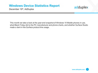 Windows Device Statistics Report
This month we take a look at the year-end snapshot of Windows 10 Mobile phones in use,
wh...