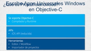 Escribe Apps Universales Windows
en Objective-C
Se soporta Objective-C
• Compilador y Runtime
APIs
• iOS API (reducida)
Herramientas
• Editor / Workflow
• Importador de proyectos
¿Qué es Project Islandwood?
 
