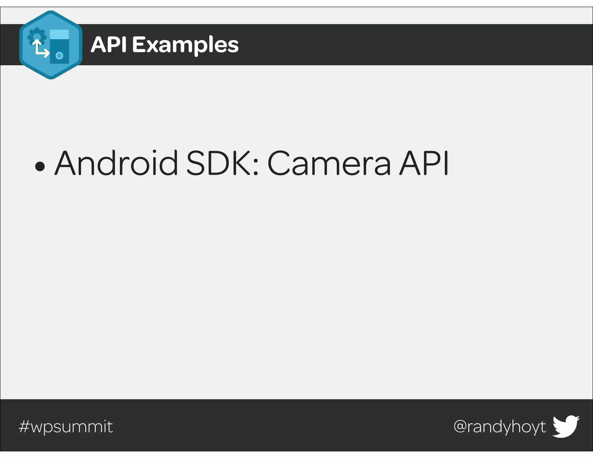 #wpsummit @randyhoyt@randyhoyt
•Android SDK: Camera API
API Examples
 