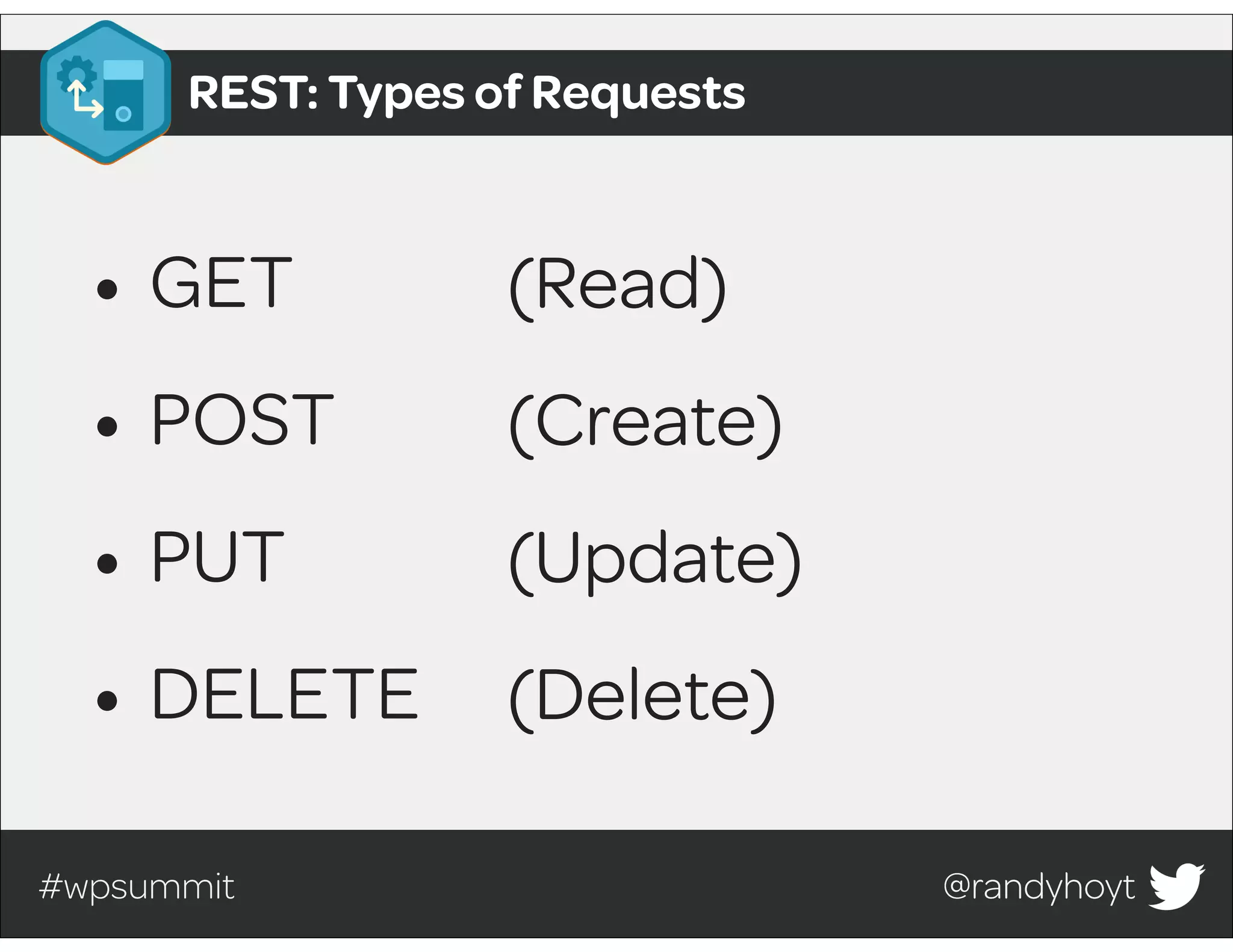 #wpsummit @randyhoyt@randyhoyt
• GET
• POST
• PUT
• DELETE
REST: Types of Requests
(Read)
(Create)
(Update)
(Delete)
 