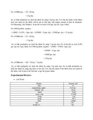 No. of Difference = (22 -20) kg
= 2 kg dye
So, in bulk production we dyed the fabric by using 2 kg less dye. For why the shade of the fabric
does not match & the fabric will be put in 2nd time with require amount of dyes & chemicals.
For Measuring Dye Solution: In the lab we took 0.105 gm. dye for 5 gm. Fabric
For 1000 kg fabric requires;
= (10002 × 0.105) ÷ 5gm. dye = (105000 ÷ 5) gm. dye = 21000 gm. dye = 21 kg dye
No. of Difference = (21 -20) kg
= 1 kg dye
So, in bulk production we dyed the fabric by using 1 kg less dye. Or, In the lab we took 0.095
gm. dye for 5 gm. fabric For 1000 kg fabric requires = (10002 × 0.095) ÷5gm. dye
= (95000 ÷ 5) gm. dye
= 19000 gm. dye
= 19 kg dye
No. of Difference = (20 - 19) kg = 1 kg dye
So, in bulk production we dyed the fabric by using 1 kg more dye. So, in bulk production we
dyed the fabric by using 1kg more or less dye. For why the shade of the fabric does not match &
the fabric will be put in the 2nd time to get the proper shade.
Experimental Review:
 Lab Work:
Recipe Amount (g/L
Dye 1%
sequestering agent 0.25 g/l
Glauber salt 20 g/l
Alkali 10 g/l
acetic acid 0.5ml/l
Soap 2 g/l
Temp 60 c
Time 60min
M:L 1:30
Sample wt. 10g
 