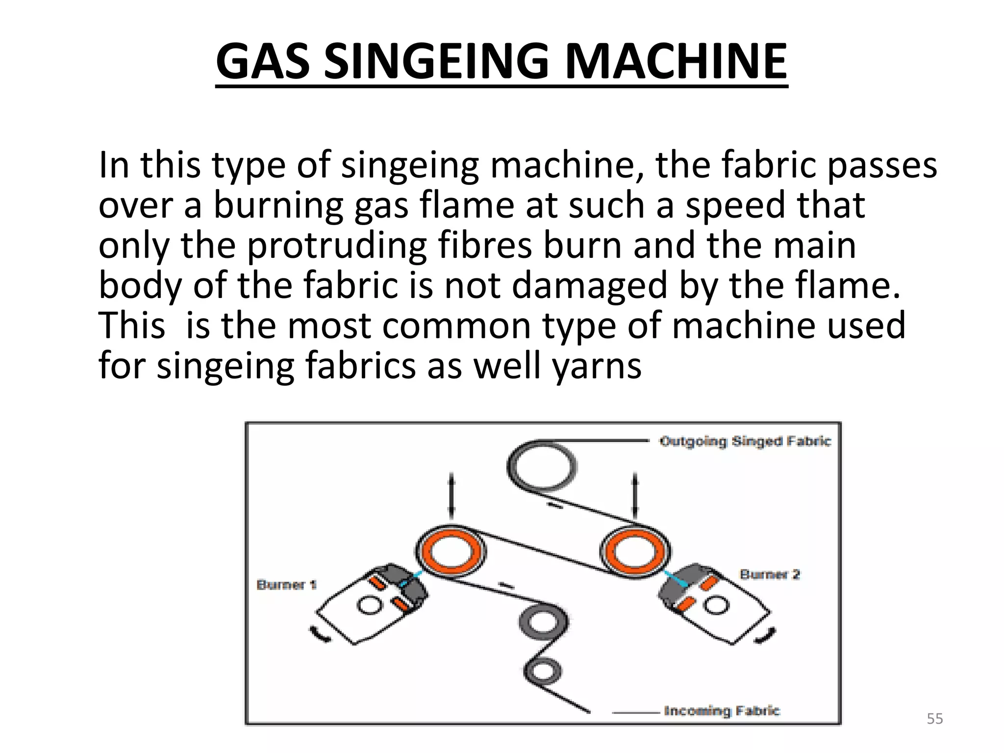 GAS SINGEING MACHINE
In this type of singeing machine, the fabric passes
over a burning gas flame at such a speed that
only the protruding fibres burn and the main
body of the fabric is not damaged by the flame.
This is the most common type of machine used
for singeing fabrics as well yarns
55
 