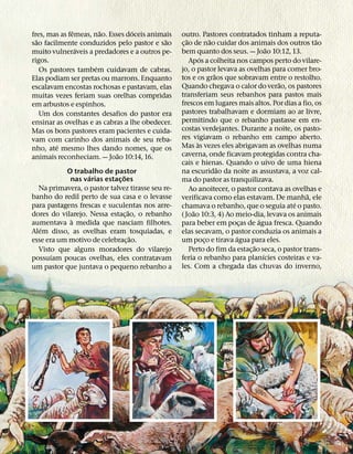 ˆ        ˜         ´
fres, mas as femeas, nao. Esses doceis animais    outro. Pastores contratados tinham a reputa-
  ˜                                         ˜         ˜          ˜                                   ˜
sao facilmente conduzidos pelo pastor e sao       c¸ ao de nao cuidar dos animais dos outros tao
                 ´                                                                    ˜
muito vulneraveis a predadores e a outros pe-     bem quanto dos seus. — Joao 10:12, 13.
rigos.                                                       ´
                                                        Apos a colheita nos campos perto do vilare-
                      ´                           jo, o pastor levava as ovelhas para comer bro-
    Os pastores tambem cuidavam de cabras.
                                                                   ˜
Elas podiam ser pretas ou marrons. Enquanto       tos e os graos que sobravam entre o restolho.
                                                                                        ˜
escalavam encostas rochosas e pastavam, elas      Quando chegava o calor do verao, os pastores
muitas vezes feriam suas orelhas compridas        transferiam seus rebanhos para pastos mais
em arbustos e espinhos.                           frescos em lugares mais altos. Por dias a fio, os
    Um dos constantes desafios do pastor era      pastores trabalhavam e dormiam ao ar livre,
ensinar as ovelhas e as cabras a lhe obedecer.    permitindo que o rebanho pastasse em en-
Mas os bons pastores eram pacientes e cuida-      costas verdejantes. Durante a noite, os pasto-
vam com carinho dos animais de seu reba-          res vigiavam o rebanho em campo aberto.
         ´                                                 `
nho, ate mesmo lhes dando nomes, que os           Mas as vezes eles abrigavam as ovelhas numa
                             ˜                    caverna, onde ficavam protegidas contra cha-
animais reconheciam. — Joao 10:14, 16.
                                                  cais e hienas. Quando o uivo de uma hiena
                                                                     ˜
           O trabalho de pastor                   na escuridao da noite as assustava, a voz cal-
                   ´           ˜
            nas varias estac¸ oes                 ma do pastor as tranquilizava.
  Na primavera, o pastor talvez tirasse seu re-         Ao anoitecer, o pastor contava as ovelhas e
banho do redil perto de sua casa e o levasse                                                      ˜
                                                  verificava como elas estavam. De manha, ele
para pastagens frescas e suculentas nos arre-                                                 ´
                                                  chamava o rebanho, que o seguia ate o pasto.
                                 ˜                       ˜
dores do vilarejo. Nessa estac¸ ao, o rebanho     ( Joao 10:3, 4) Ao meio-dia, levava os animais
            `                                                                     ´
aumentava a medida que nasciam filhotes.          para beber em pocas de agua fresca. Quando
                                                                          ¸
   ´
Alem disso, as ovelhas eram tosquiadas, e         elas secavam, o pastor conduzia os animais a
                                   ˜                                    ´
esse era um motivo de celebrac¸ ao.               um poco e tirava agua para eles.
                                                               ¸
                                                                                ˜
  Visto que alguns moradores do vilarejo                Perto do fim da estac¸ ao seca, o pastor trans-
       ´                                                                            ´
possuıam poucas ovelhas, eles contratavam         feria o rebanho para planıcies costeiras e va-
um pastor que juntava o pequeno rebanho a         les. Com a chegada das chuvas do inverno,
 
