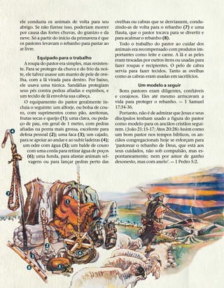 ele conduzia os animais de volta para seu          ovelhas ou cabras que se desviassem, condu-
                      ˜
        abrigo. Se nao fizesse isso, poderiam morrer       zindo-as de volta para o rebanho (7) e uma
        por causa das fortes chuvas, do granizo e da       flauta, que o pastor tocava para se divertir e
                  ´             ´                 ´
        neve. So a partir do inıcio da primavera e que     para acalmar o rebanho (8).
        os pastores levavam o rebanho para pastar ao          Todo o trabalho do pastor ao cuidar dos
        ar livre.                                          animais era recompensado com produtos im-
                                                                                             ˜
                                                           portantes como leite e carne. A la e as peles
                   Equipado para o trabalho                eram trocadas por outros itens ou usadas para
           A roupa do pastor era simples, mas resisten-    fazer roupas e recipientes. O pelo de cabra
        te. Para se proteger da chuva e do frio da noi-    servia para fazer tecidos. Tanto as ovelhas
        te, ele talvez usasse um manto de pele de ove-                                           ´
                       ˜                                   como as cabras eram usadas em sacrifıcios.
        lha, com a la virada para dentro. Por baixo,
                             ´         ´
        ele usava uma tunica. Sandalias protegiam                      Um modelo a seguir
                 ´                                                                                    ´
        seus pes contra pedras afiadas e espinhos, e         Bons pastores eram diligentes, confiaveis
                         ˜                                                       ´
        um tecido de la envolvia sua cabeca.¸              e corajosos. Eles ate mesmo arriscavam a
           O equipamento do pastor geralmente in-          vida para proteger o rebanho. — 1 Samuel
            ´                                              17:34-36.
        cluıa o seguinte: um alforje, ou bolsa de cou-
                                          ˜                               ˜ ´
        ro, com suprimentos como pao, azeitonas,             Portanto, nao e de admirar que Jesus e seus
        frutas secas e queijo (1); uma clava, ou peda-          ´
                                                           discıpulos tenham usado a figura do pastor
        co de pau, em geral de 1 metro, com pedras                                     ˜        ˜
         ¸                                                 como modelo para os anciaos cristaos segui-
        afiadas na ponta mais grossa, excelente para                ˜
    4                                                      rem. ( Joao 21:15-17; Atos 20:28) Assim como
        defesa pessoal (2); uma faca (3); um cajado,                                       ´
                                                           um bom pastor nos tempos bıblicos, os an-
        para se apoiar ao andar e ao subir ladeiras (4);
                                                             ˜
                                                           ciaos congregacionais hoje se esforcam para
                                                                                                  ¸
                           ´                                                                        ´
           um odre com agua (5); um balde de couro         ‘pastorear o rebanho de Deus, que esta aos
                                          ´                                   ˜               ˜
              com uma corda para retirar agua de pocos
                                                     ¸     seus cuidados, nao sob compulsao, mas es-
              (6); uma funda, para afastar animais sel-    pontaneamente; nem por amor de ganho
               vagens ou para lancar pedras perto das
                                   ¸                       desonesto, mas com anelo’. — 1 Pedro 5:2.




7
                                 1




                      2
                                       6
                3

            8               5
 
