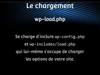 Le chargement 
wp-load.php 
Se charge d'inclure wp-config.php 
et wp-includes/load.php 
qui lui-même s'occupe de charger 
les options de votre site. 
 