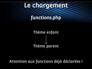 Le chargement 
functions.php 
Thème enfant 
Thème parent 
Attention aux fonctions déjà déclarées ! 
 