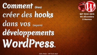 Comment (bien)
créer des hooks
dans vos (supers)
développements
WordPress.
Julio Potier - WP Tech 2015
WP TECH 2015
05 décembre
à Nantes
Comment (bien)
créer des hooks
dans vos (supers)
développements
WordPress.
 