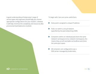 15
KUBERNETES NETWORKING
Every pod is assigned a unique IP address
All containers are configured to use a
DNS server managed by Kubernetes.
Pods run within a virtual network
(specified by the pod networking CIDR)
Containers within an individual pod share the same
network namespace (Linux network namespace), this
means they are all reachable via localhost and share
the same port space.
A good understanding of Kubernetes’ range of
service types and ingresses should help you choose
appropriate configurations for your clusters. Likewise,
it will help minimize the complexity and resources (like
provisioned load balancers) involved.
To begin with, here are some useful facts:
 
